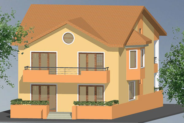 locuinte individuale Casa  parter si etaj amplasata pe teren ingust perspectiva posterioara 